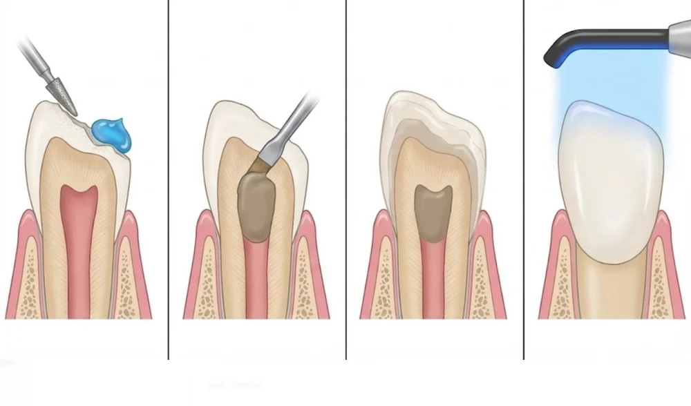 Step-by-step diagram of dental composite layering technique on a fractured incisor